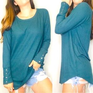Chaser Women’s Teal Green Waffle Knit Thermal Long Sleeve Button Cuff Casual Top